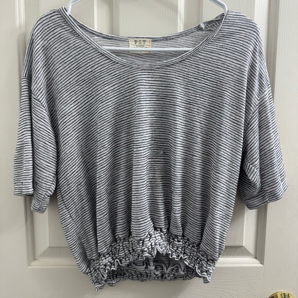 Project Social T Black and White Striped Short Sleeve crop Top